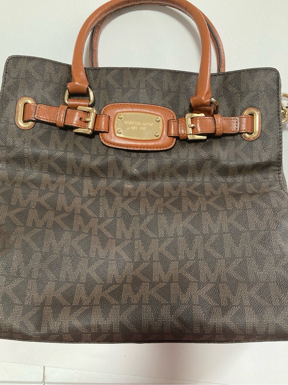 Michael Kors Brown and Tan Logo Tote with Gold Hardware